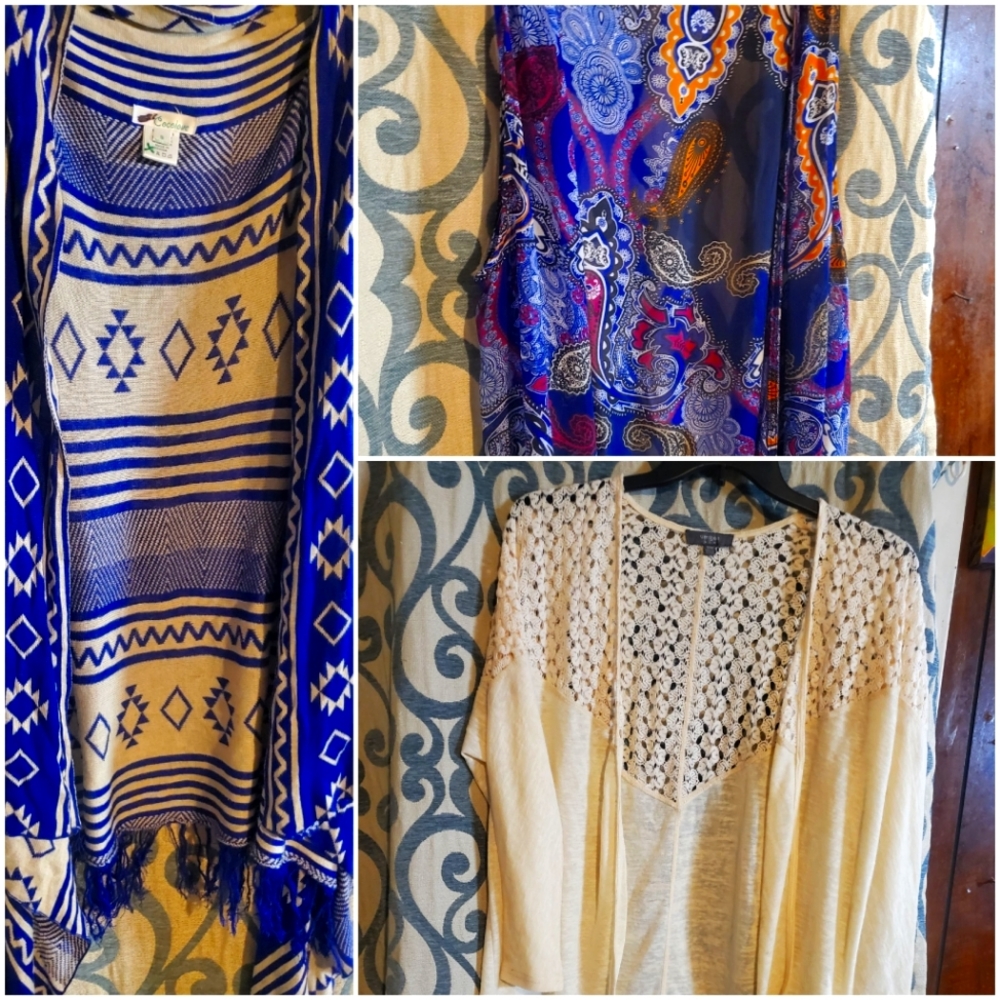 2 boHO style over vest, and 1 dressy hoody. Very cute and can be casual, or chi.
